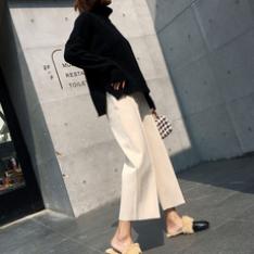 毛呢阔腿裤女裤秋冬季2018新款高腰直筒韩版学生宽松加厚九分裤潮 